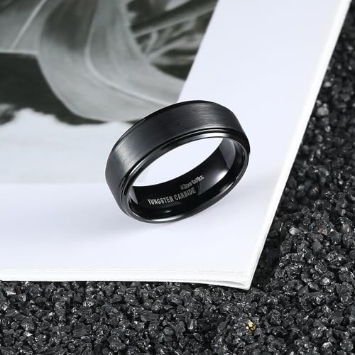 King Will Classic Tungsten Wedding Band for Men, 6/7/8/9/10mm Widths, Polished Finish Step Edge Matte Rings Comfort Fit - color: B-Black 8mm