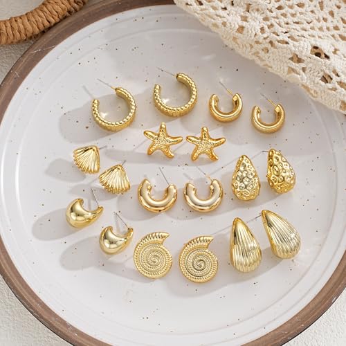 12 Pairs Chunky Gold Hoop Earrings for Women Trendy, Gold Plated Lightweight Hypoallergenic Stack, Thick Open Twisted Huggie Hoops Earring Set - color: 9 Pairs Gold Chunky