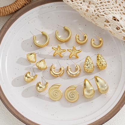 12 Pairs Chunky Gold Hoop Earrings for Women Trendy, Gold Plated Lightweight Hypoallergenic Stack, Thick Open Twisted Huggie Hoops Earring Set - color: 9 Pairs Gold Chunky