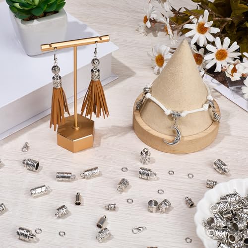 SUNNYCLUE 1 Box 230Pcs Cord End Caps Leather Cord Ends Tibetan Style Antique Silver Kumihimo Bracelet Crimps Lobster Claw Clasps Open Jump Rings for Jewelry Making Accessories DIY Crafts Supplies - style: Style 3
