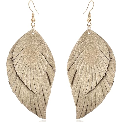 Handmade Bohemian Large Soft Genuine Leather Fringe Double Feather Dangle Drop Earrings Lightweight Simple Color PU Leaf Hook Earrings for Women - color: khaki