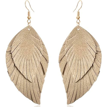 Handmade Bohemian Large Soft Genuine Leather Fringe Double Feather Dangle Drop Earrings Lightweight Simple Color PU Leaf Hook Earrings for Women - color: khaki