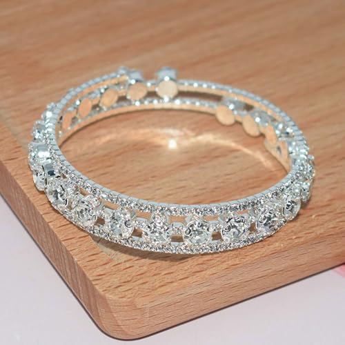 Triple-Row Open Cuff Bracelet for Women with Faux Pearl Center and Crystal-Set Metal Bands, Adjustable Bangle for Wedding and Daily Wear - color: Silver