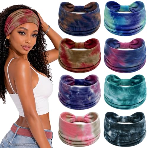 Awumbuk Wide Headbands for Women Knotted Non Slip, 8 Pack Soft Head Bands to Hide Hairline, Fashion Boho Style Bandana, Moisture Wicking Hair Bands for Workout Sports Yoga Makeup - color: Tie-dye red