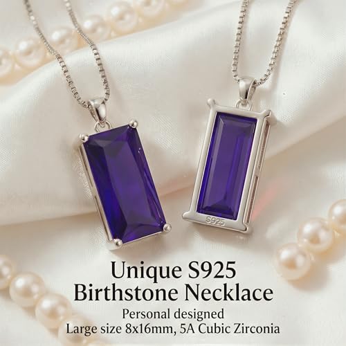 8mm x 16mm Square Birthstone Pendant Necklace – Fashion charming Sterling Silver Gift for women - color: February