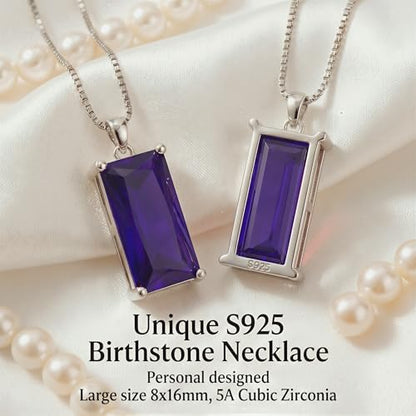 8mm x 16mm Square Birthstone Pendant Necklace – Fashion charming Sterling Silver Gift for women - color: February