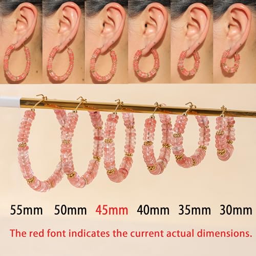 Wellike Beaded Hoop Earrings for Women Natural Stone Pink Gold Huggie Earrings Hypoallergenic Dainty Waterproof Trendy Jewelry - color: Rose Pink, size: 45mm