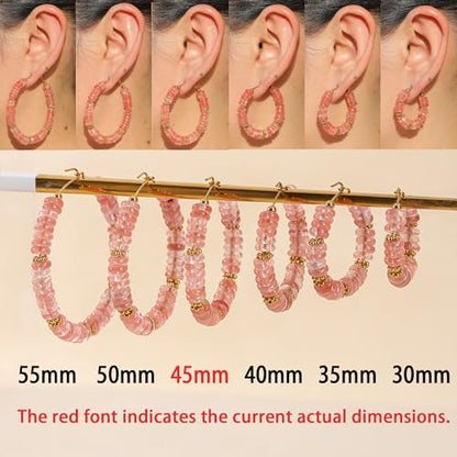 Wellike Beaded Hoop Earrings for Women Natural Stone Pink Gold Huggie Earrings Hypoallergenic Dainty Waterproof Trendy Jewelry - color: Rose Pink, size: 45mm