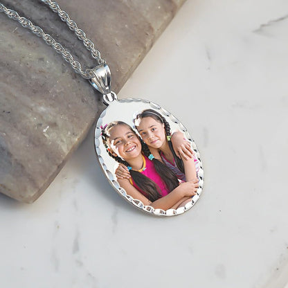 Oval w/Diamond Cut Edge Custom Photo Engraved Pendant - in Solid 14K, 10k, Yellow, White, Or Sterling Silver - color: Solid 10K White Gold With Engraving, size: 2/3 x 3/4 Inch