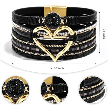 VIBILIA Boho Leather Wrap Bracelets for Women Multi-Layer Bracelets | With Strong Clasp Jewelry for Women - color: 01-Heart-Black