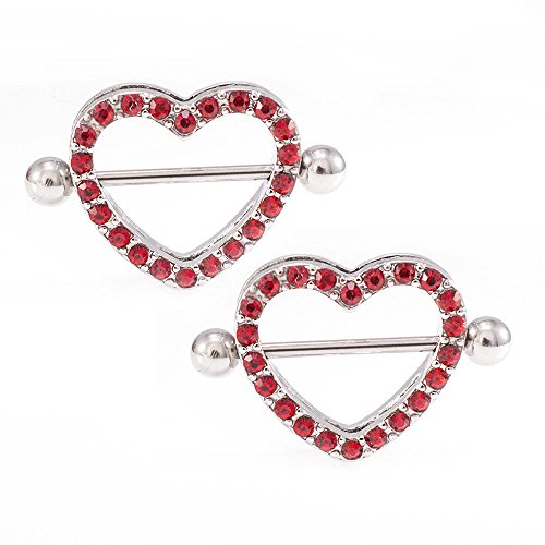 14G Stainless Steel CZ Paved Heart Nipple Rings Nipple Piercing Jewelry for Women 7/8 Inch 22mm - color: Silver - Red CZ