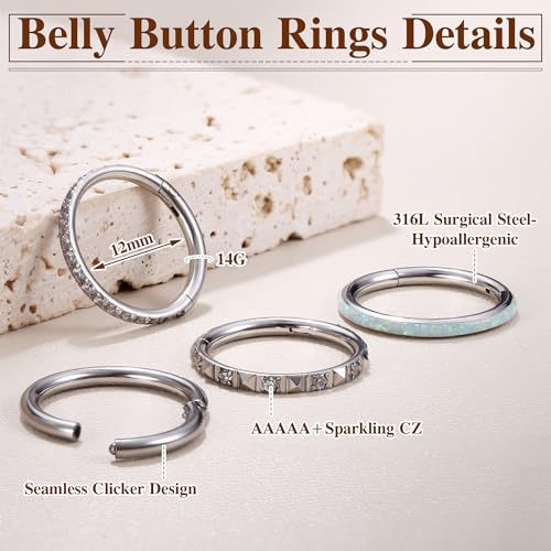 FIBO STEEL 14G Belly Button Rings 316L Surgical Steel Belly Hoop Ring Clear CZ Opal Navel Rings Clicker Segment Belly Piercing Jewelry 10mm 12mm - color: Silver Plated 12mm