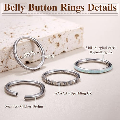 FIBO STEEL 14G Belly Button Rings 316L Surgical Steel Belly Hoop Ring Clear CZ Opal Navel Rings Clicker Segment Belly Piercing Jewelry 10mm 12mm - color: Silver Plated 12mm