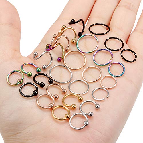 16G Spiral Lip Rings Hoops 316L Surgical Steel Cartilage Helix Tragus Earring Lip Eyebrow Labret Septum Smiley Rings Hoop Piercing Jewelry 8mm 10mm - color: J:27pcs Mix Color