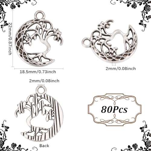 SUNNYCLUE 1 Box 80Pcs Hollow Moon Charms Tree of Life Charm Metal Alloy Tibetan Vintage Silver Celestial Crescent Plant Charm for Jewelry Making Charms DIY Earrings Keychain Necklace Bracelet Crafting