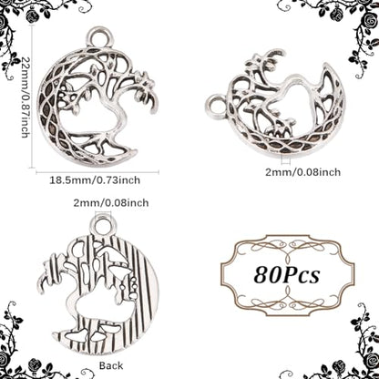 SUNNYCLUE 1 Box 80Pcs Hollow Moon Charms Tree of Life Charm Metal Alloy Tibetan Vintage Silver Celestial Crescent Plant Charm for Jewelry Making Charms DIY Earrings Keychain Necklace Bracelet Crafting
