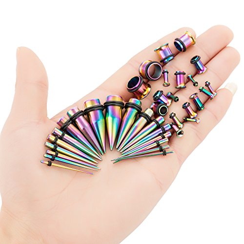 36pcs Ear Stretching Kit 14G-00G Surgical Steel Tapers Tunnels Gauges Set for Starter Women and Men Expanders Body Piercing Jewelry - color: Rainbow