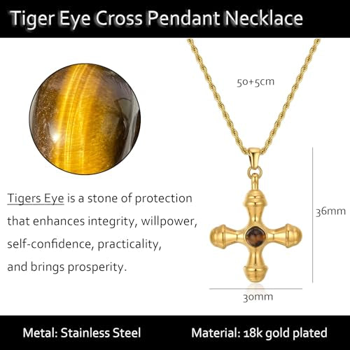 NUZON Sunburst Heart / 2-Tone Interlocking/CZ Evil Eye/Single Pearl/Love Heart Pendant Necklace for Women 14K Gold Chain Necklace Chunky Statement Jewelry - color: Tiger Eye Cross
