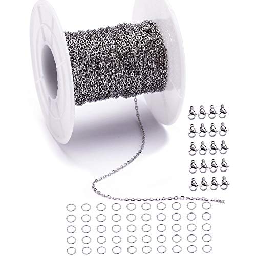 33FT 1mm Silver Stainless Steel Flat Cable Chains for Jewelry DIY Making | Versatile for Repairs Extensions or DIY Projects-Works with Pendants Beads and Charms Easily - color: Silver, size: Chain Width 1.0mm+20pcs Clasps+50 Rings