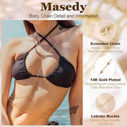 14K Gold Sexy Body Chains for Women Necklace Layered Bikini Bra Chain Crossover Belly Chain Rhinestone Summer Chest Chain Beach Prom Nightclub Body Chain Jewelry - style: Gold J