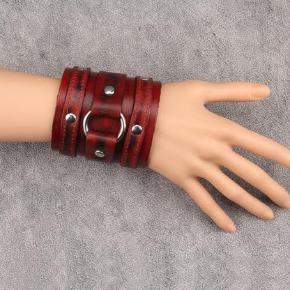 Jeilwiy Punk Leather Wristbands for Men Bracelets Handmade Wide Cuff Bangle Braided Jewelry Black Brown Adjustable - Punk Father's Gifts - color: Red Leather Cuff Bracelet