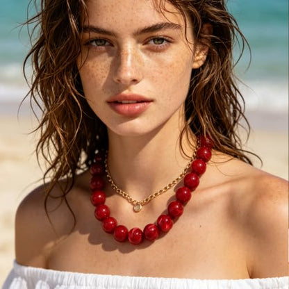 Chunky Beaded Necklace for Women Trendy Boho Collar Statement Necklace Large Round Resin Beads Choker Necklaces Summer Beach Jewelry Gifts - color: Red
