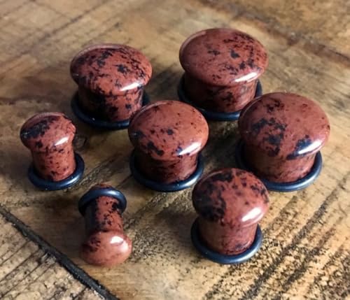 Pair Single Flare Mahogany Obsidian Stone Plugs Gauge Earlets Organic Pierced Body Jewelry - style: 9/16" (14mm)