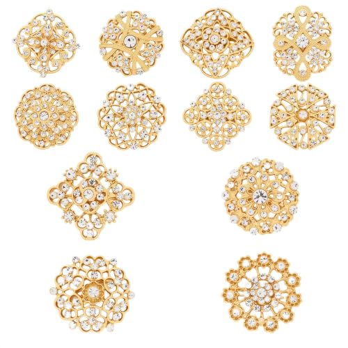 24 Pieces Flower Golden Brooches Pins, Small Shining Rhinestone Colorful Brooch Gift for Women, Wedding Decoration - color: Gold