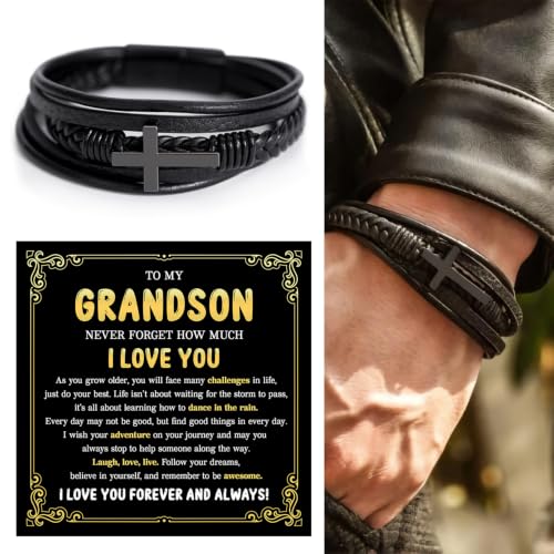 To My GrandSon Bracelet – Cross Braided Leather Bracelet, Meaningful GrandSon Gift from Grandpa & Grandma with Heartfelt Message Card & Elegant Gift Box for Birthday, Christmas, Graduation - color: Version#3