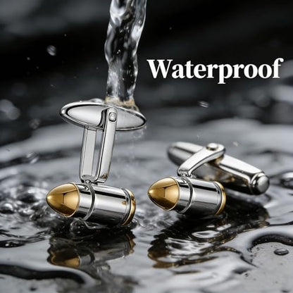 HZMAN Bullet Cufflinks for Men, Stainless Steel Two-Tone High Polished Novelty Cuff Links, Dress Shirt Accessories for Wedding Business Party