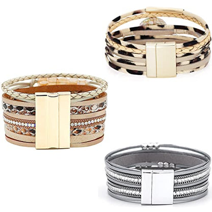 Wowanoo 3Pack Leather Cuff Bracelet Set Multilayer Wrap Bracelet Crystal Feather Tree Bracelet Magnetic Clasp Bracelet for Women - color: CrystalLeopard