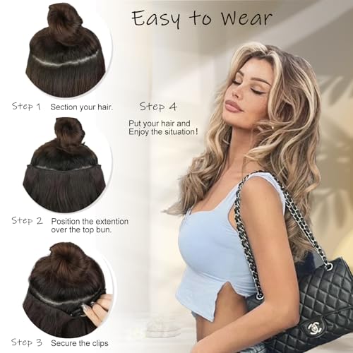 Ash Brown Halo Hair Extensions with Beach Blonde Highlights | 20 Inch Wavy Synthetic Fiber with Invisible Wire and 4 Secure Clips for Easy Daily Styling and Party Wear - color: Ash Brown with Beach Blonde