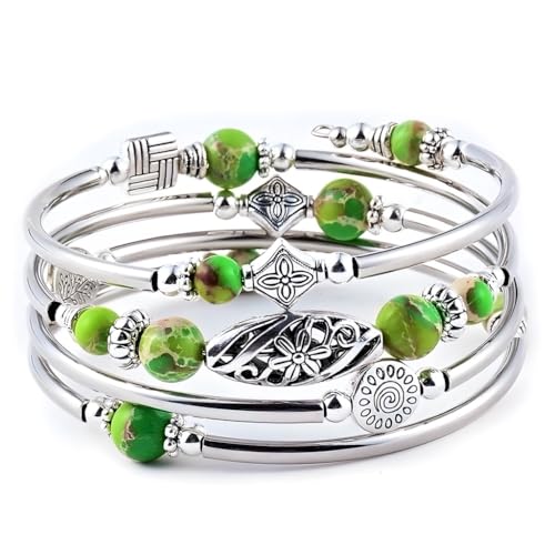 Boho Wrap Beaded Bracelet for Women – Handmade Natural Stone Jewelry – Stainless Steel Adjustable Ethnic Chic Gift - color: Green King Huangshi