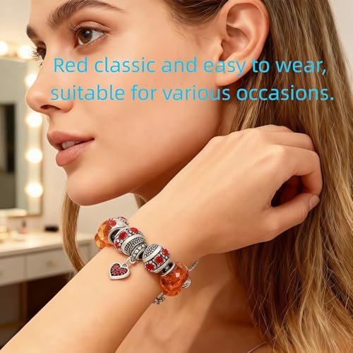 Pink Hearts Silver Plated Charm Bracelet, DIY Jewelry for Women with Beads, Charms, and Adjustable Snake Chain, Fits 7.5"+1.5" - color: Red, size: 18cm