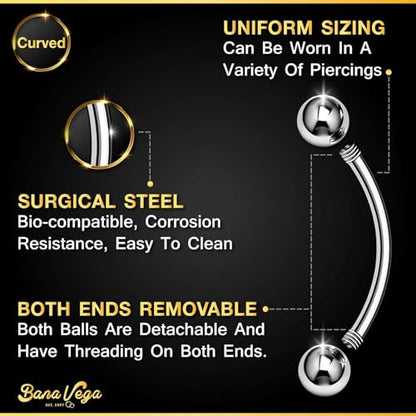 Surgical Steel Curved Barbell Ring 16g 5/16 8mm 3mm Ferido Ball Helix Earring Eyebrow Piercing Jewelry Choose Colors and Size - color: M-6pcs-Clear-16g-5/16"(8mm)-3mmBall