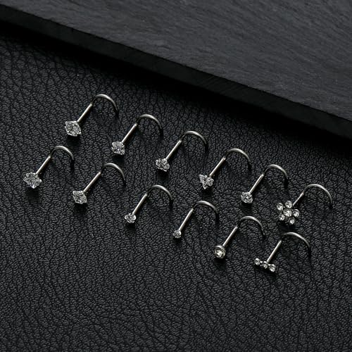 12Pcs Nose Rings Studs 20G Stainless Steel L Screw Bone Shaped Nostril Piercing Triangle Flower Square Heart Pentagram Round CZ Nose Stud Piercing Jewelry for Women Men Silver Tone - style: cool