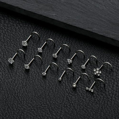 12Pcs Nose Rings Studs 20G Stainless Steel L Screw Bone Shaped Nostril Piercing Triangle Flower Square Heart Pentagram Round CZ Nose Stud Piercing Jewelry for Women Men Silver Tone - style: cool
