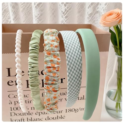 Floral Headbands for Girls,5PCS Cute Padded Pearl Headband Ladies Padded Headbands for women Vintage Wide Headband Coquette Accessories (Green, 6.29“ x 5.11") - color: Green