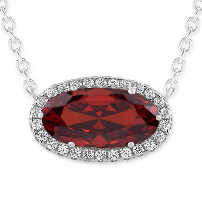 Belacqua Gemstone Necklace in Sterling Silver,Halo Pendant with Accent, Oval Cut 6 * 12mm, 15" Cable Chain with 2" Extender, Spring Ring Clasp, Dainty Birthstone Necklace for Women, Gift Box Included - color: 01-January-Garnet Red