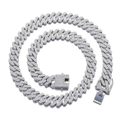 Mens and Womens Miami Cuban Link Chain Necklace 12mm Diamond Prong Cuban Chain 18/20/24inch Length Hip Hop Jewely - color: Silver, size: 18 inch