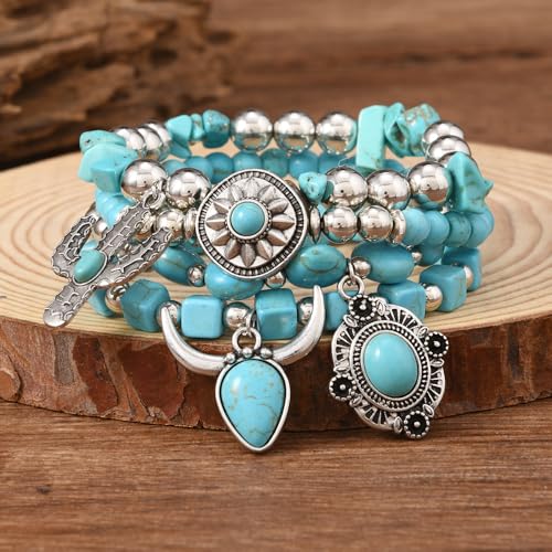 LOTSOF Western Turquoise Beaded Bracelet, Chic Stack Beaded Western Style for Country Concerts, Cowgirl Outfits & Boho Jewelry - color: Ox with Turquoise