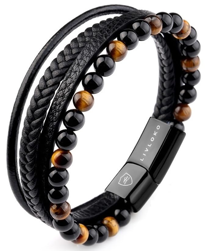 LONDON Mens Bracelet Leather Black Multi-Layer Stone Beads Adjustable Steel Clasp Viking Rope Bands Surfer Man Wristband Male UK Jewellery Gift box Boyfriend Dad Son Brother Tiger Eye - color: A. 19-22cm Black Leather Tiger-Eye Adjustable, size: Medium to