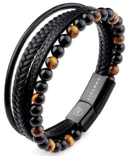 LONDON Mens Bracelet Leather Black Multi-Layer Stone Beads Adjustable Steel Clasp Viking Rope Bands Surfer Man Wristband Male UK Jewellery Gift box Boyfriend Dad Son Brother Tiger Eye - color: A. 19-22cm Black Leather Tiger-Eye Adjustable, size: Medium to