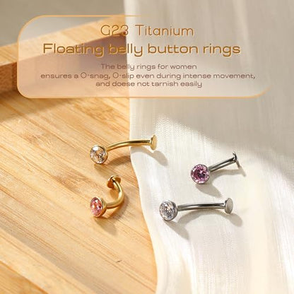Upgraded Wearability Floating Belly Button Ring, G23 Titanium Internally Threaded Belly Button Piercing 14G, Curved Barbell Belly Rings, Pink Clear CZ Navel Rings with 10mm and 12mm Bar, Silver Gold Plated - color: Gold,Pink CZ
