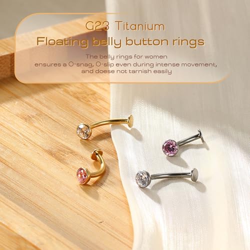 Upgraded Wearability Floating Belly Button Ring, G23 Titanium Internally Threaded Belly Button Piercing 14G, Curved Barbell Belly Rings, Pink Clear CZ Navel Rings with 10mm and 12mm Bar, Silver Gold Plated - color: Gold,Clear CZ