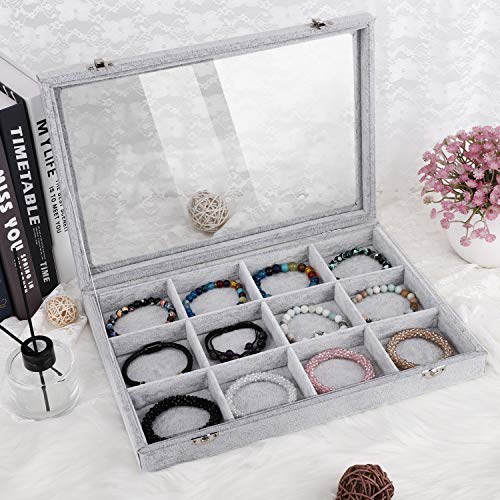 Emibele Jewelry Organizer Bracelet Storage Tray Box, 12 Grids Jewelry Tray with Clear Lid Velvet Jewelry Box for Necklace Bracelets Bangles Display Storage Organizer Box, Grey - style: J2- 12 Grids with Lid