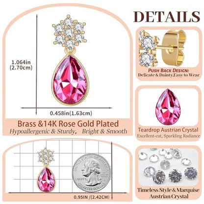 Elegant Austrian Crystal Teardrop Dangle Earrings for Women,14K Gold Plated Flower Drop Earrings Jewelry Gift for Birthday Wedding Anniversary - color: Rose Pink