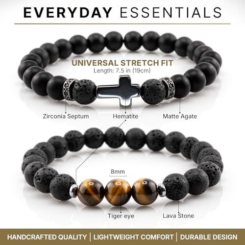 Flybar Men's 4 Piece Beaded Bracelet Set, Natural Lava Stone Black Onyx Matte Agate Tiger Eye, Stretchable Elastic Handmade Stackable - color: CK03 Black Agate