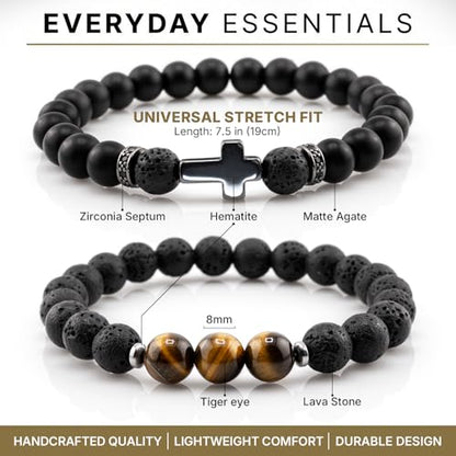 Flybar Men's 4 Piece Beaded Bracelet Set, Natural Lava Stone Black Onyx Matte Agate Tiger Eye, Stretchable Elastic Handmade Stackable - color: CK03 Black Agate