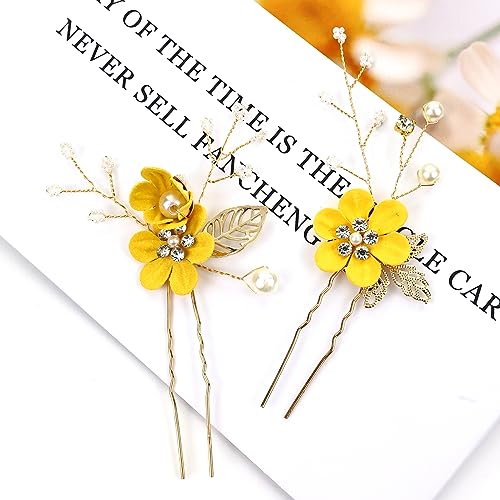 Cinaci 18 Pieces Bridal Wedding Party Prom Pearl Rhinestone Yellow Flower Hair Side Combs Slides+U-shaped Flower Hair Pins+Twist Spiral Hairpins Floral Headpieces for Brides Bridesmaids Women Girls - color: Yellow